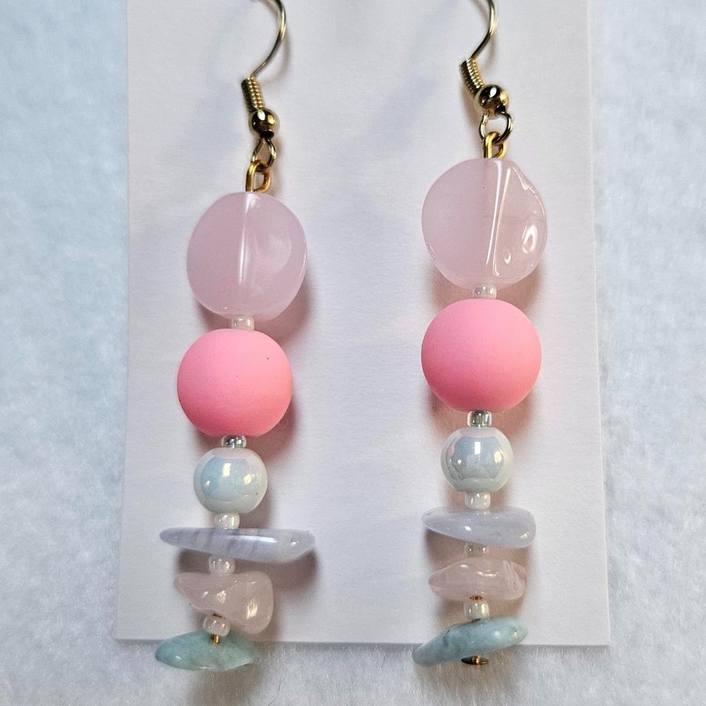 J27 Handmade Pink Dangle Earrings with Rose Quartz, Blue Lace Agate, Larimar